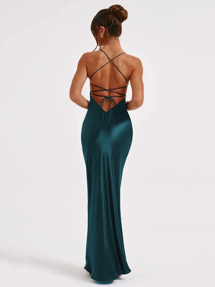Spaghetti Strap Bodycon Satin Dress With Open Back Lace Up Female Long Dress Party Club Evening Dress