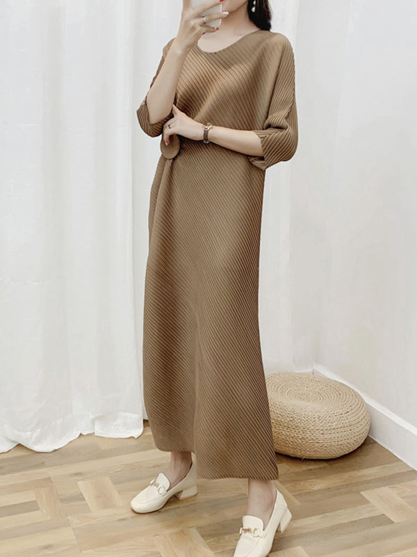 Half Sleeves Irregular Clipping Pleated Color Round-neck Midi Dresses