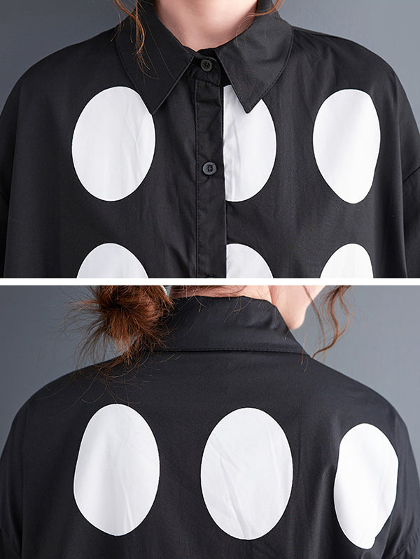 Stylish Long Sleeves A-line Polka Dot Polo Shirt Midi Dresses