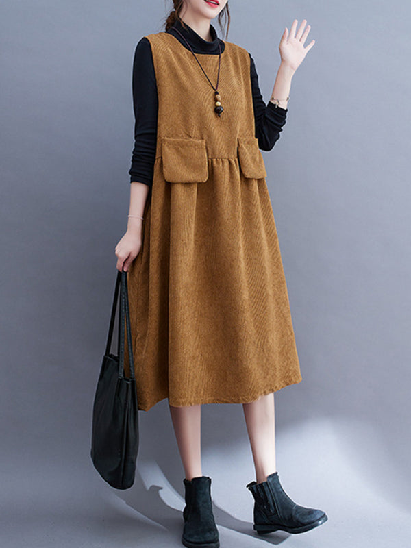 Artistic Retro Loose Sleeveless Color Round-neck Midi Dresses