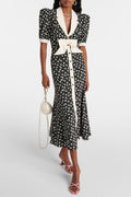Rita Bow Trimmed Puff Sleeve V-neckline Midi Dress