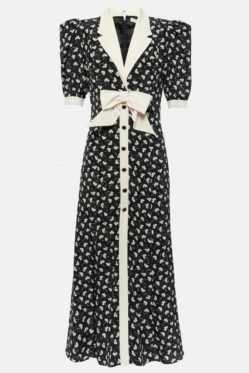 Rita Bow Trimmed Puff Sleeve V-neckline Midi Dress