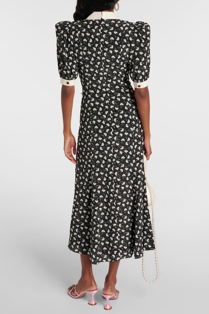 Rita Bow Trimmed Puff Sleeve V-neckline Midi Dress