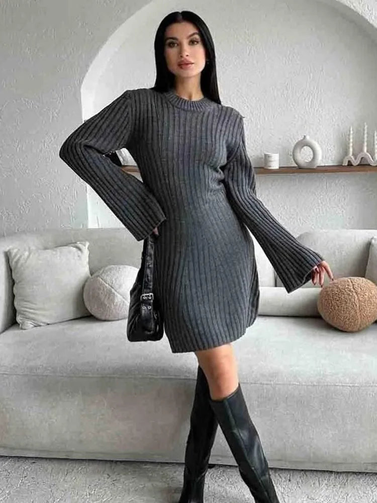 Knit Ribbed Dress Female High Waist Loose Patchwork Commute Party Dress Knitwear Mini Dress
