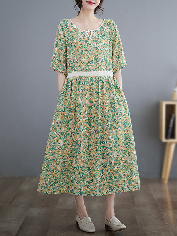 Loose Short Sleeves Hollow Pleated Printed Split-joint Round-neck Midi Dresses