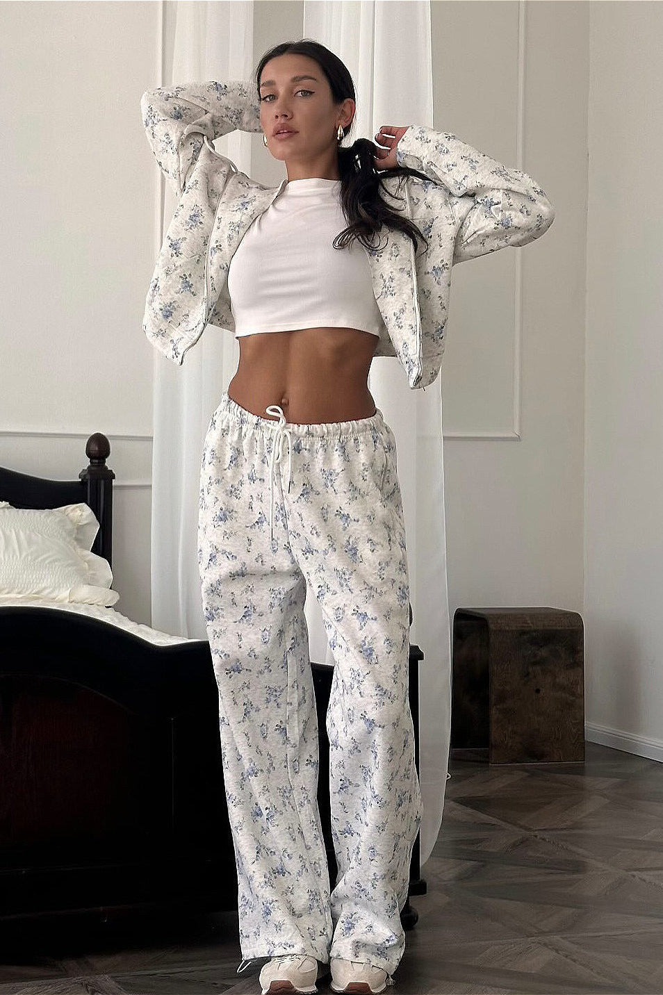 Cropped Zip Hoodie Drawstring Wide-leg Pants Two Piece Set