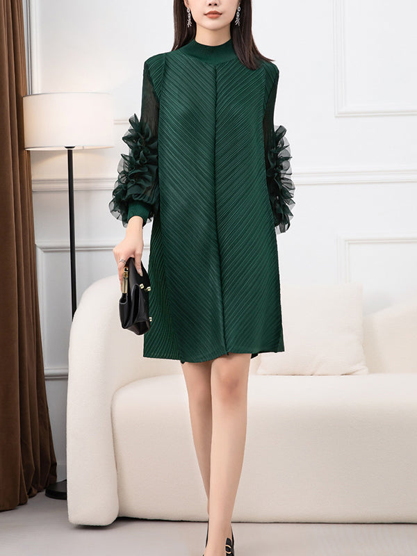 Long Sleeves Loose Embroidered Pleated Color Round-neck Midi Dresses