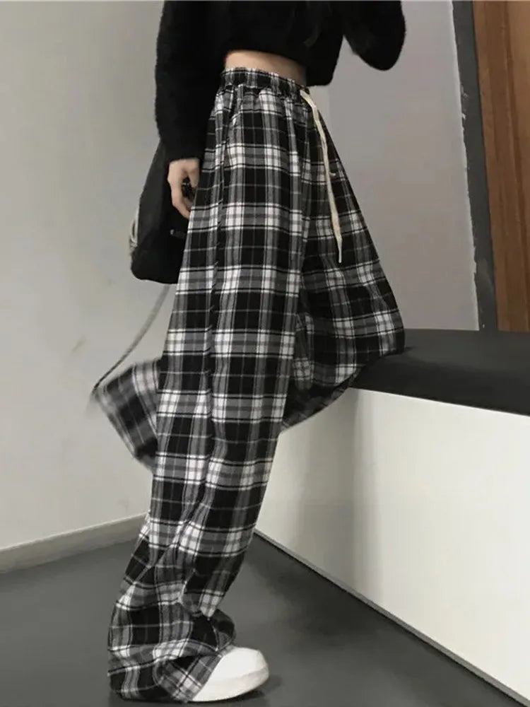 Black and White Plaid Pants New Loose Wide Leg Trousers Ins Retro Teen Straight Trousers Hiphop