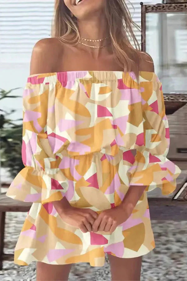 It All Begins With Love Printed Off Shoulder Mini Dress