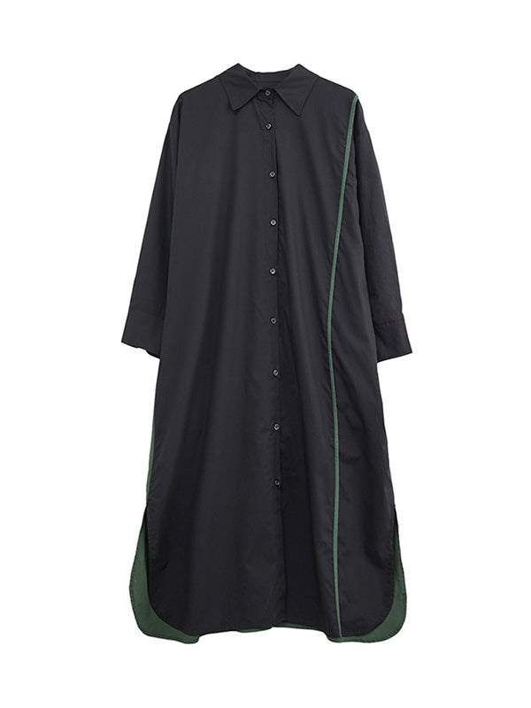 Long Sleeves Loose Asymmetric Buttoned Split-joint Split-side Lapel Midi Dresses Shirt Dress