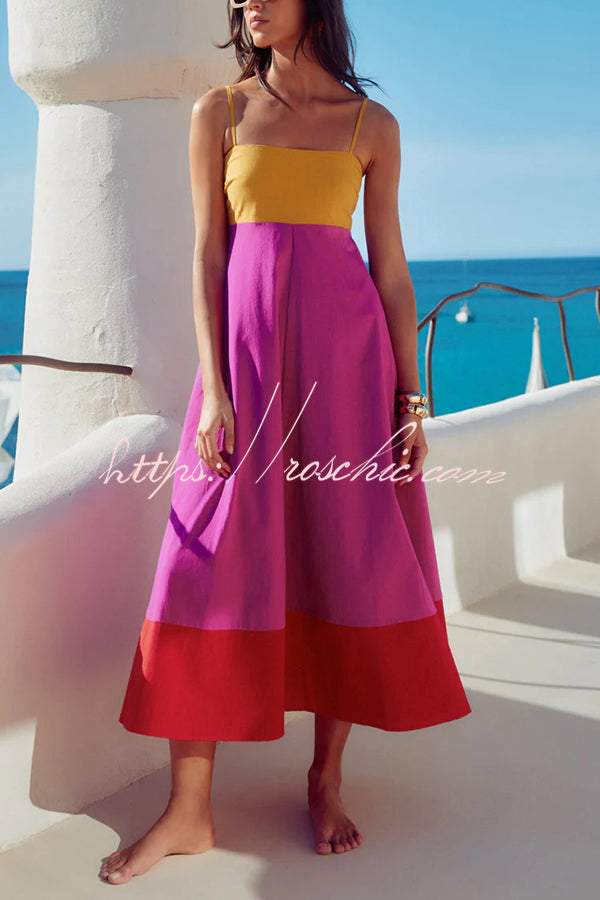 Splicing Sling Back Pleated Holiday Style Midi Dress