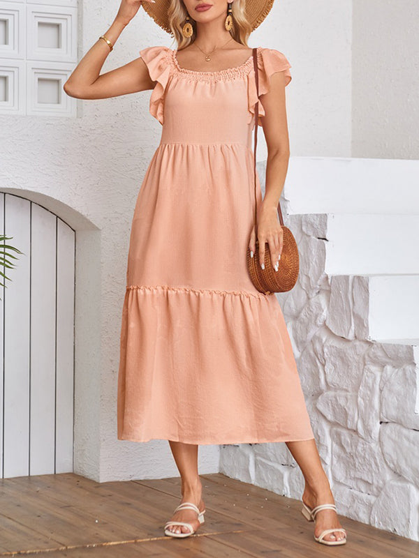 A-line Loose Elasticity Pleated Ruffled Color Split-joint Off-the-shoulder Midi Dresses