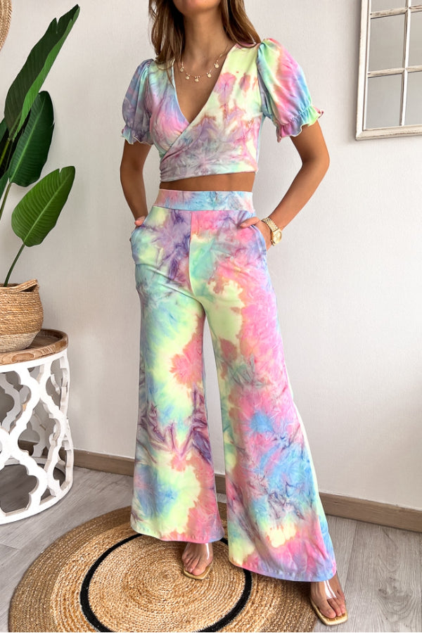 Print V Neck Short Sleeves Crop Top Elastic Waist Wide Leg Pants Set