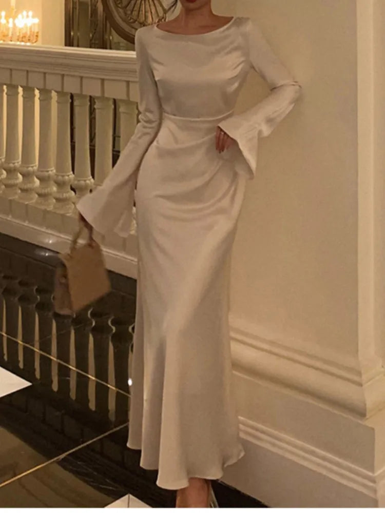 Autumn Satin Long Dresses for Flare Sleeve Slim Mermaid Spring French Wedding Party Prom Robe Vestidos Para Mujer