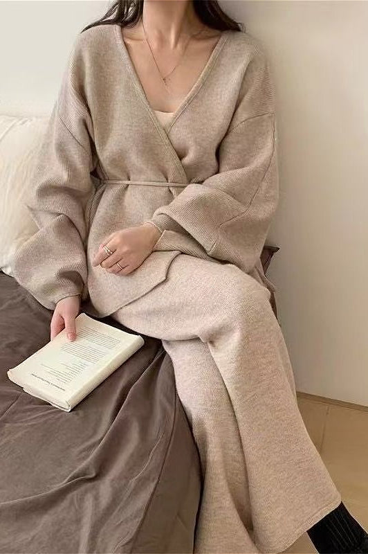 Loose Belted Knit Cardigan Wide-leg Pants Two Piece Set