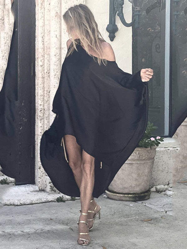 Stylish Loose High-low Batwing Sleeves Black Midi Dress