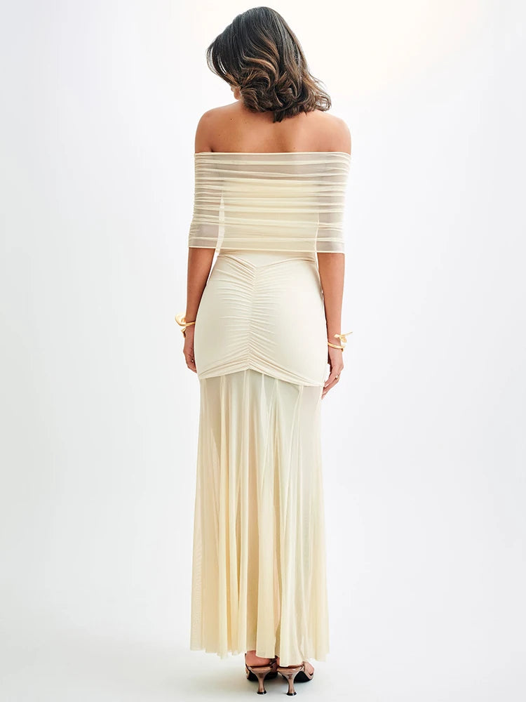 Off-shoulder Backless Maxi Dress for Gown Mesh Strapless Sleeveless Bodycon Long Dress