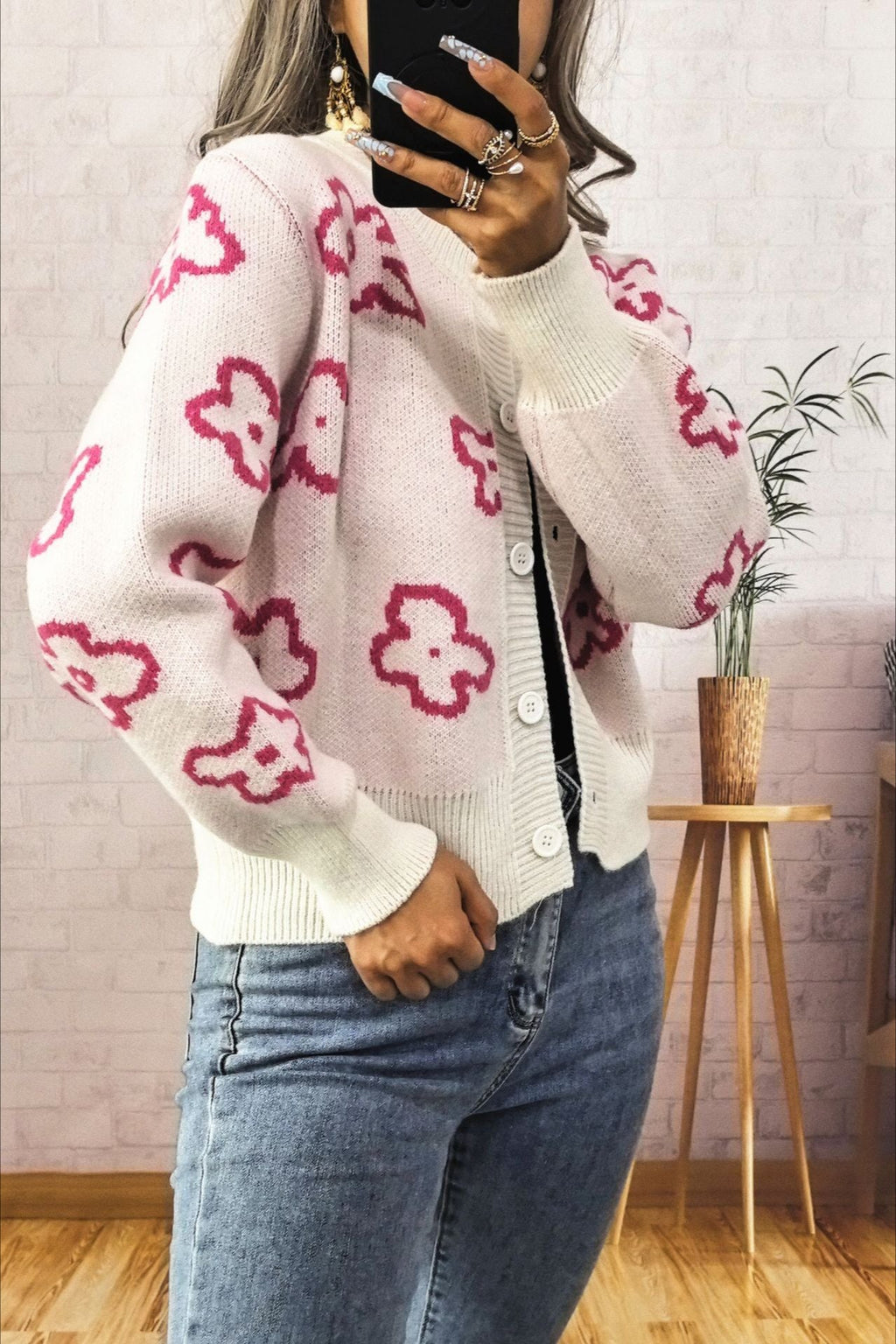 Jacquard Short Single-row Button Knit Cardigan