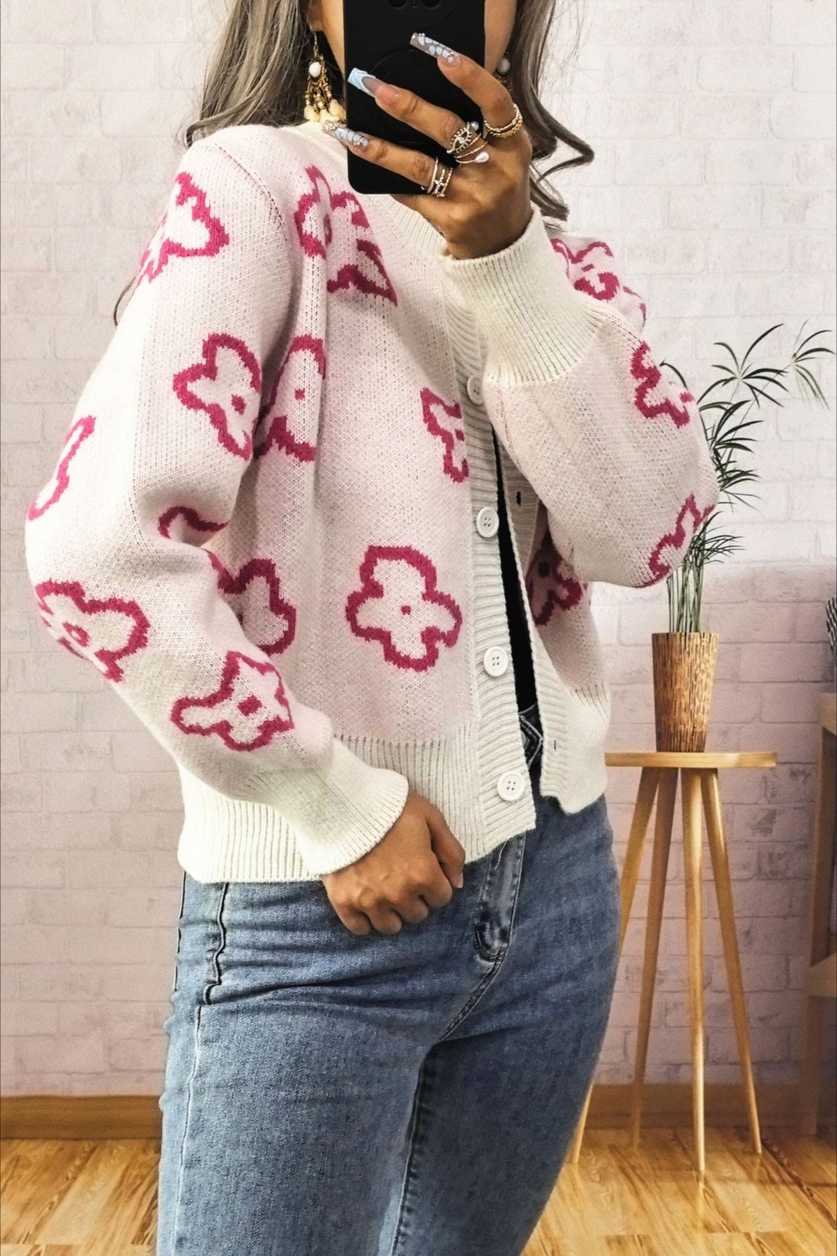 Jacquard Short Single-row Button Knit Cardigan