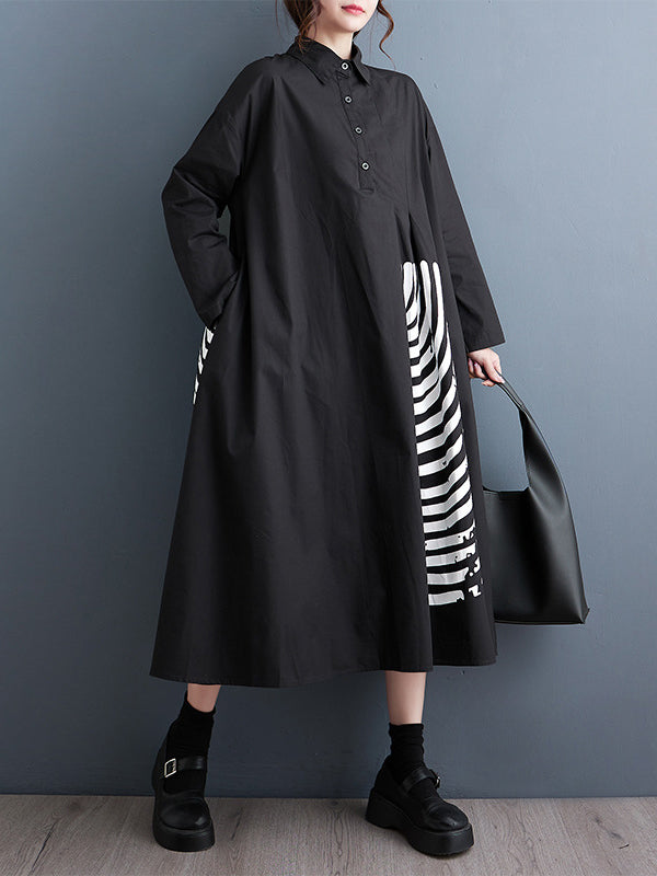 A-line Long Sleeves Asymmetric Buttoned Pleated Printed Split-joint Lapel Midi Dresses Shirt Dress