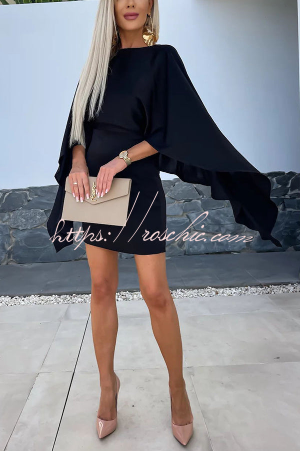 Wings Satin Butterfly Sleeves Elastic Waist Formal Mini Dress
