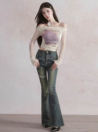 Ethereal Off-shoulder Crop Top - Sheer Long Bell Sleeve Blouse With Ribbon Tie and Watercolor Print