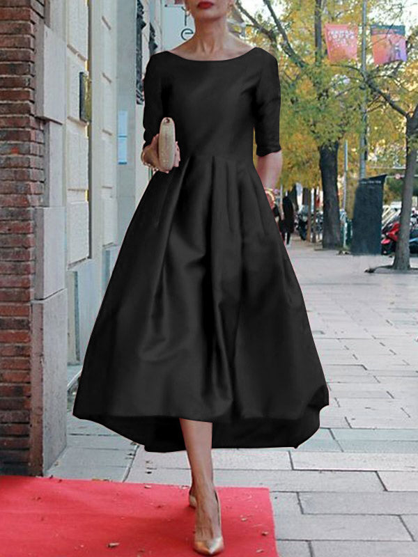 A-line Loose Pleated Pockets Color Split-joint Round-neck Midi Dresses