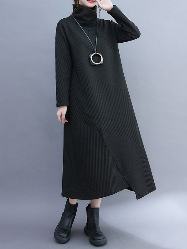 Irregularity Long Sleeves Color High-neck Midi Dresses