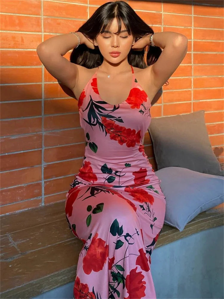 Printed Backless Dress for Bandage Summer Slim Party Dress Gown Lace-up Maxi Dress
