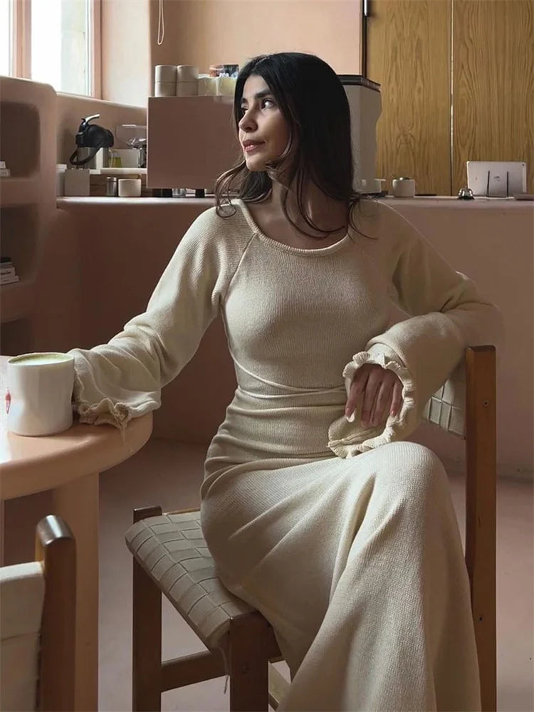 Ruffled Backless Knit Dress Female Lace-up High Waist Long Sleeve Maxi Dress Knitwear Bandage Dress