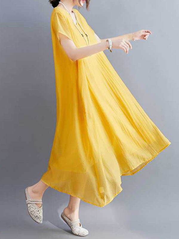 A-line Loose Color V-neck Midi Dresses