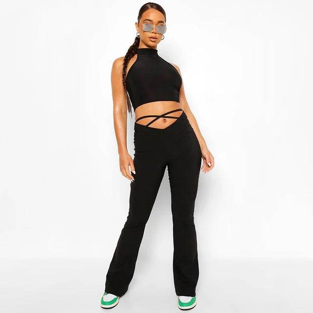 Y2k Flare Pants E Girl Style Strechy Trousers Lace Up V Waist Low Rise Harajuku Black Pants