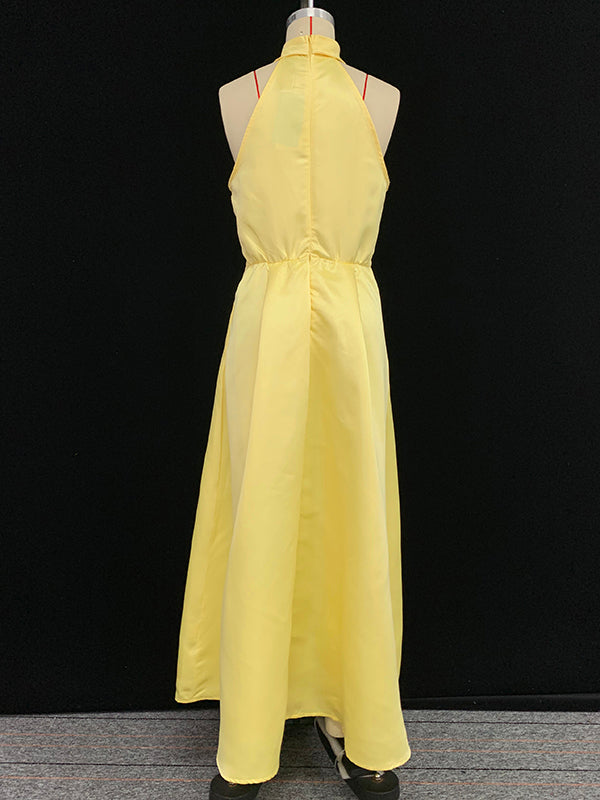 A-line Loose Belted Pleated Pockets Color V-neck Midi Dresses