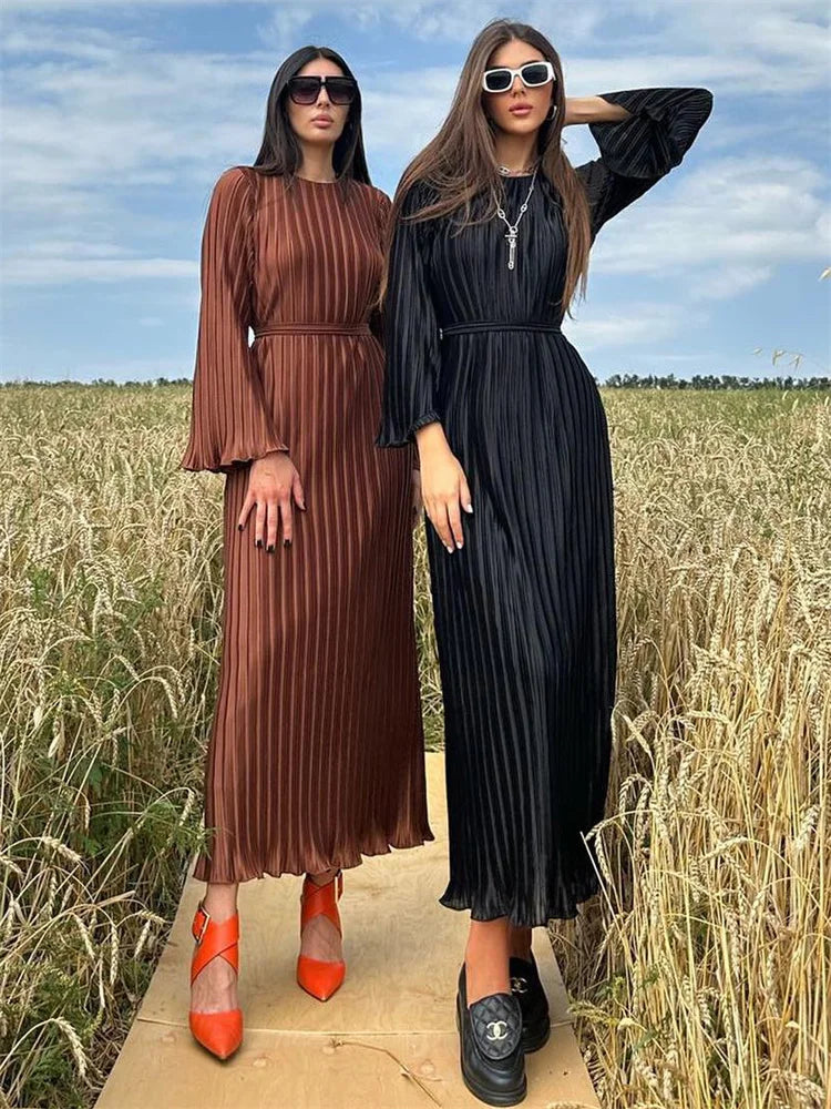 Ruffled Lace-up Ribbed Maxi Dress for Long Sleeve High Waist Party Dress Autumn Bandage Dress