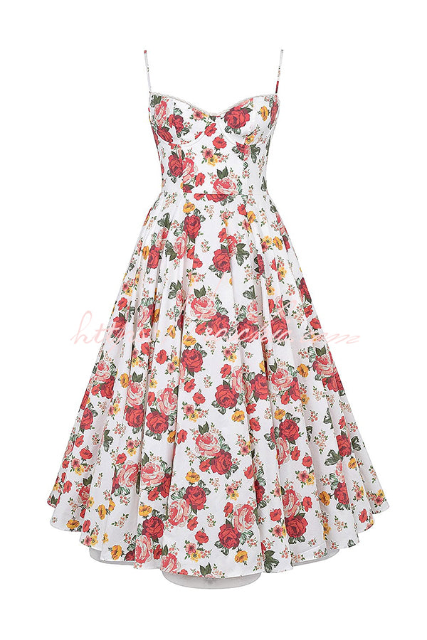 Fairy Tale Italian Rose Print Tulle Pocketed Slip Midi Dress