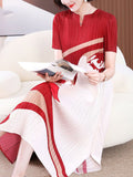 A-line Loose Figure Pleated V-neck Midi Dresses