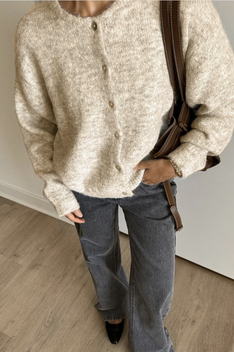 Soft Gray Shell-button Knit Cardigan