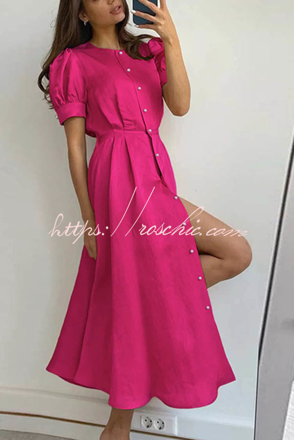 And Classy Vibe Puff Sleeve Pearl Button Slit Midi Dress