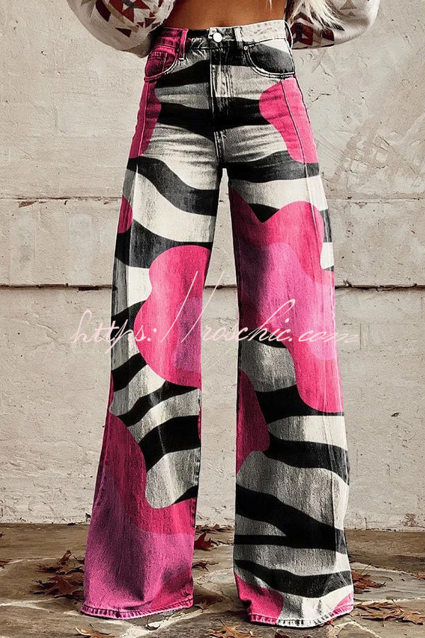Unique Print Button Pocket Wide Leg Pants
