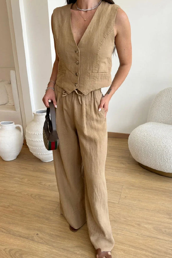 Color Cotton Linen Vest & Lace-up Pants Two-piece Set