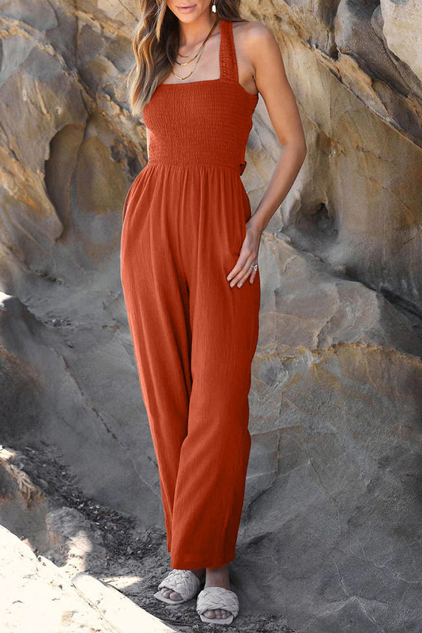 Collarless Straight Wide Leg Open Back Cross Strap Jumpsuit