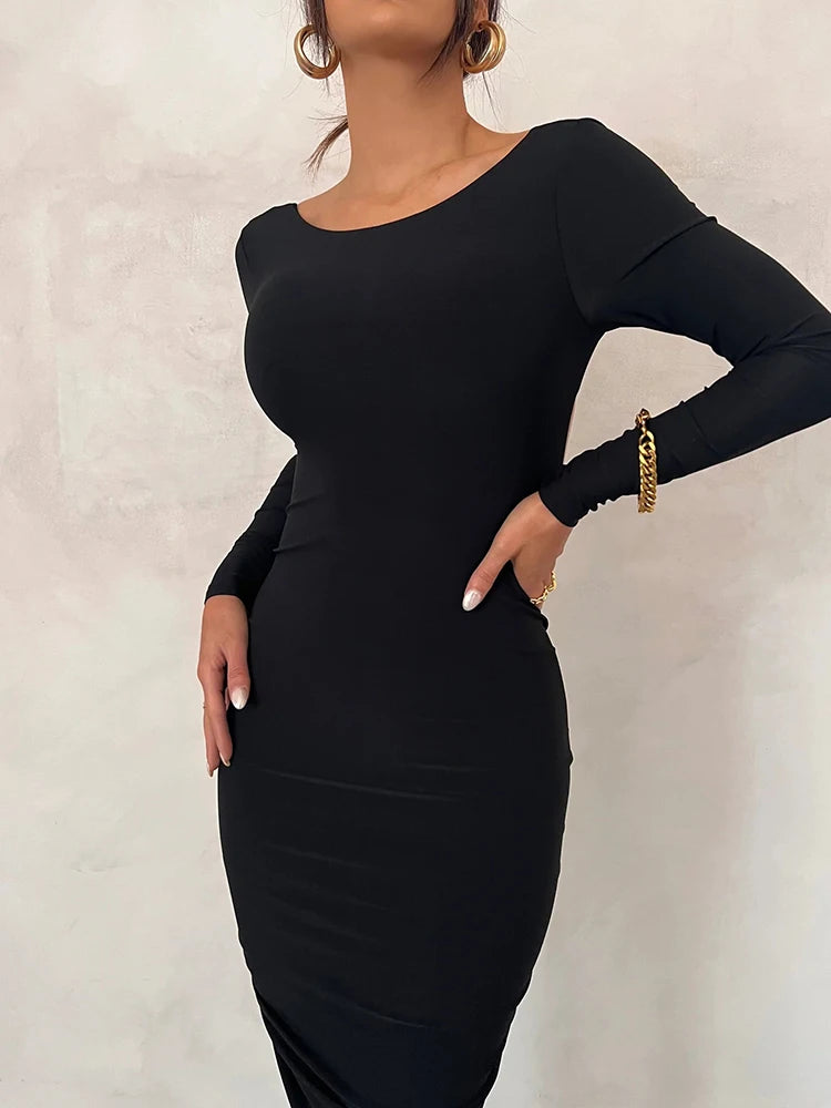 Backless Ruched Maxi Dress White Long Sleeve Evening Dresses Female Autumn Skinny Party Clubwear