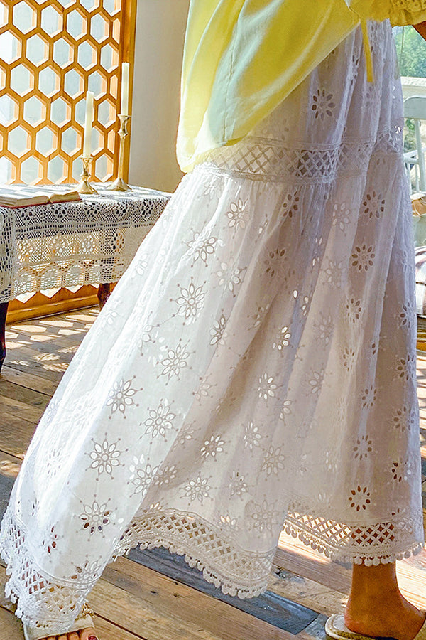 Hollow Exquisite Embroidery Cotton Skirt Romantic French Swing Skirt Female Holiday Skirt