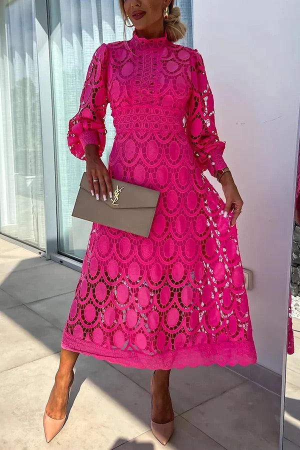Romantic, Sensual and Crochet Lace Lantern Sleeve Party Midi Dress