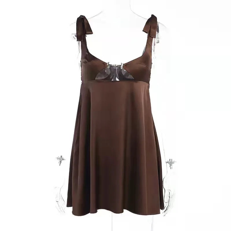 Bandage Satin Dress Party Backless Sleeveless Loose Dresses Hollow Out Mini Dress Woman New