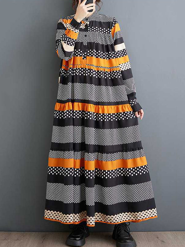 A-line Long Sleeves Buttoned Polka-dot Split-joint Round-neck Midi Dresses