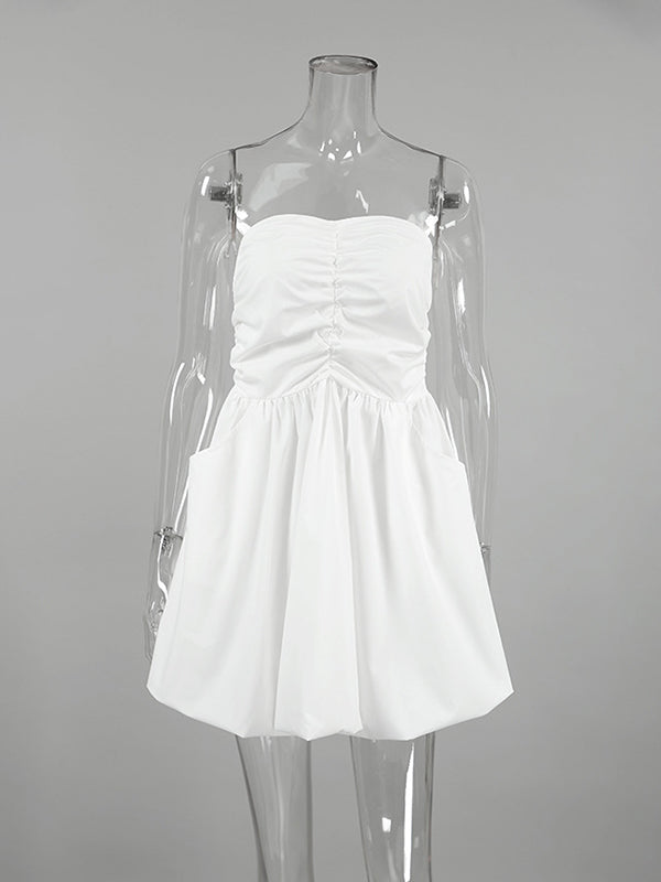 A-line High Waisted Elasticity Pleated Pockets Color Tube Mini Dresses