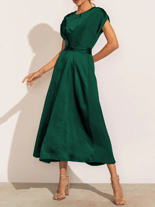 Loose Short Sleeves Color Split-joint Tied Waist Round-neck Midi Dresses