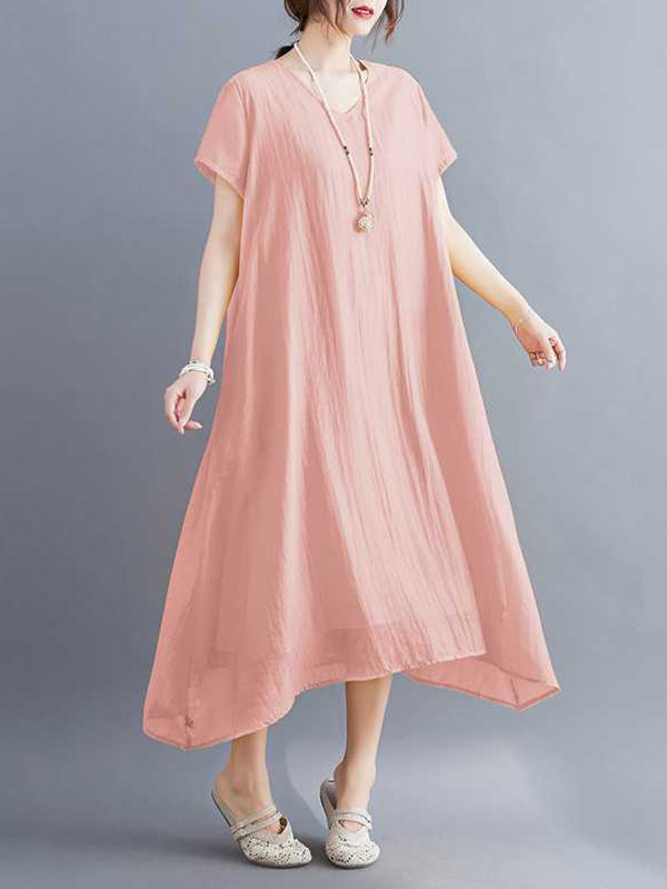 A-line Loose Color V-neck Midi Dresses