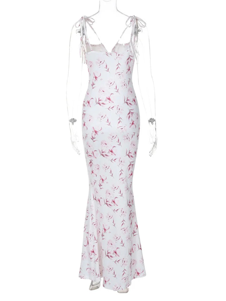 Summer Printed Halter Dresses Female Slim Backless Contrast Lace-up High Waist Maxi Dress Clothes